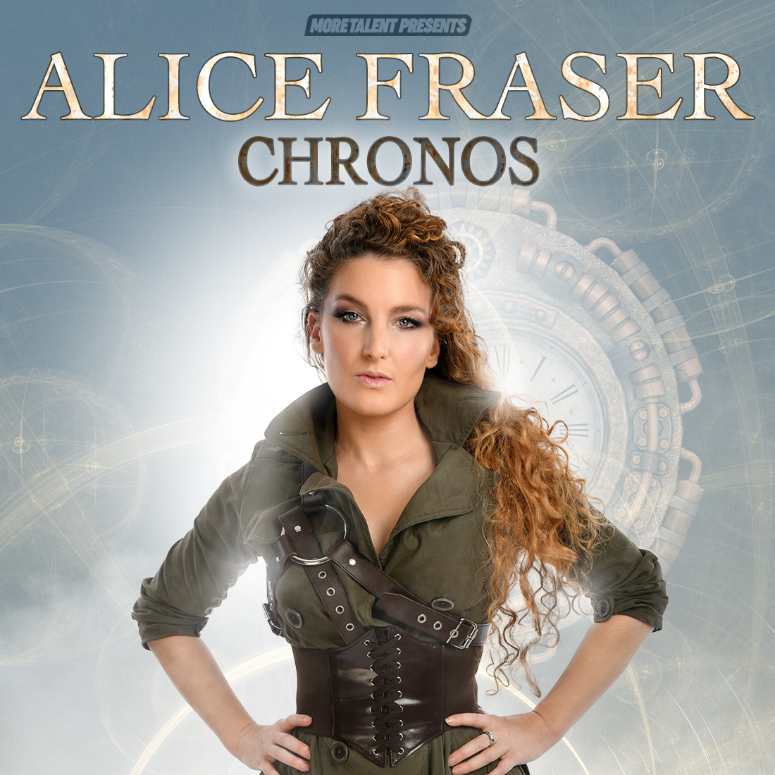 Alice Fraser stands with hands on hips looking into the camera. Alice wears khaki-green with popped collar and brown leather belts and buckles, steam-punk/fantasy style. In the background is light and a faint image of a clock. Written on the image is "ALICE FRASER: CHRONOS" and lots of 5 stars from media quotes.